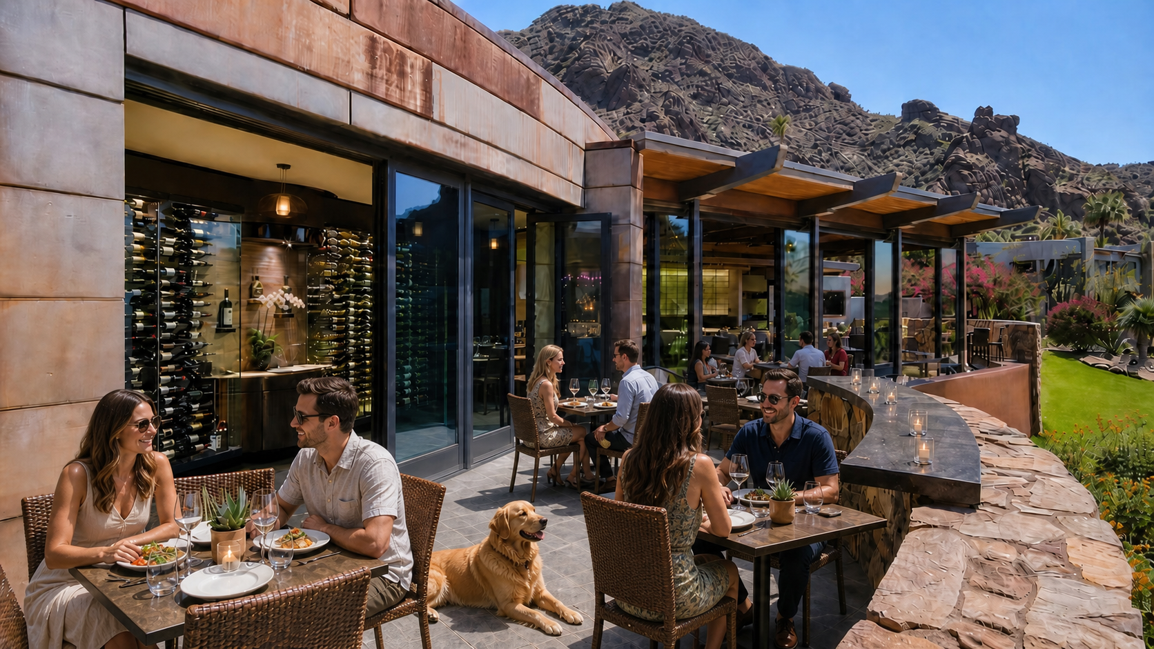 People dining on an outdoor patio beside a modern building in a rocky desert landscape.