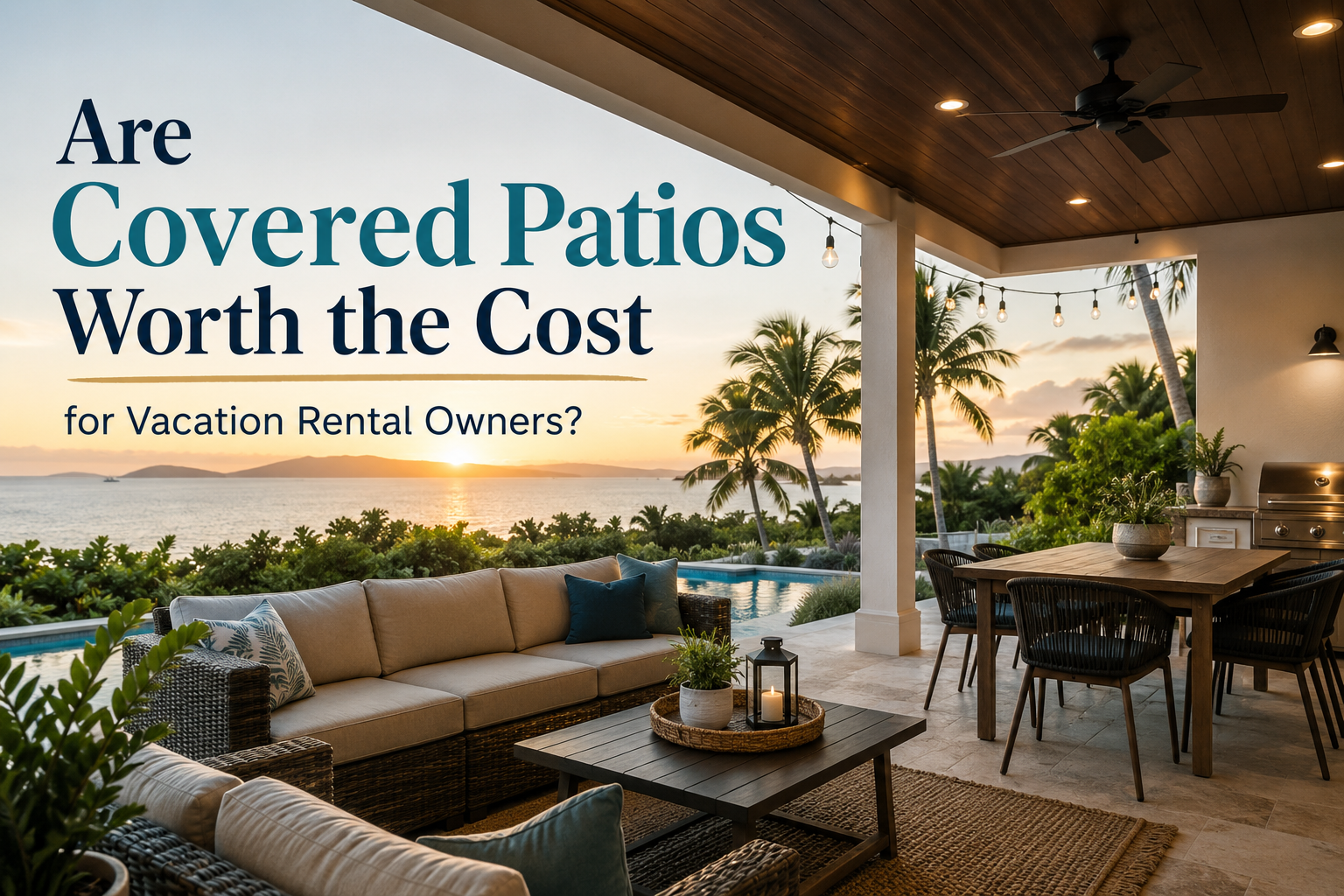 Covered patio with sectional seating and dining table at sunset, overlaid text: “Are Covered Patios Worth the Cost?”