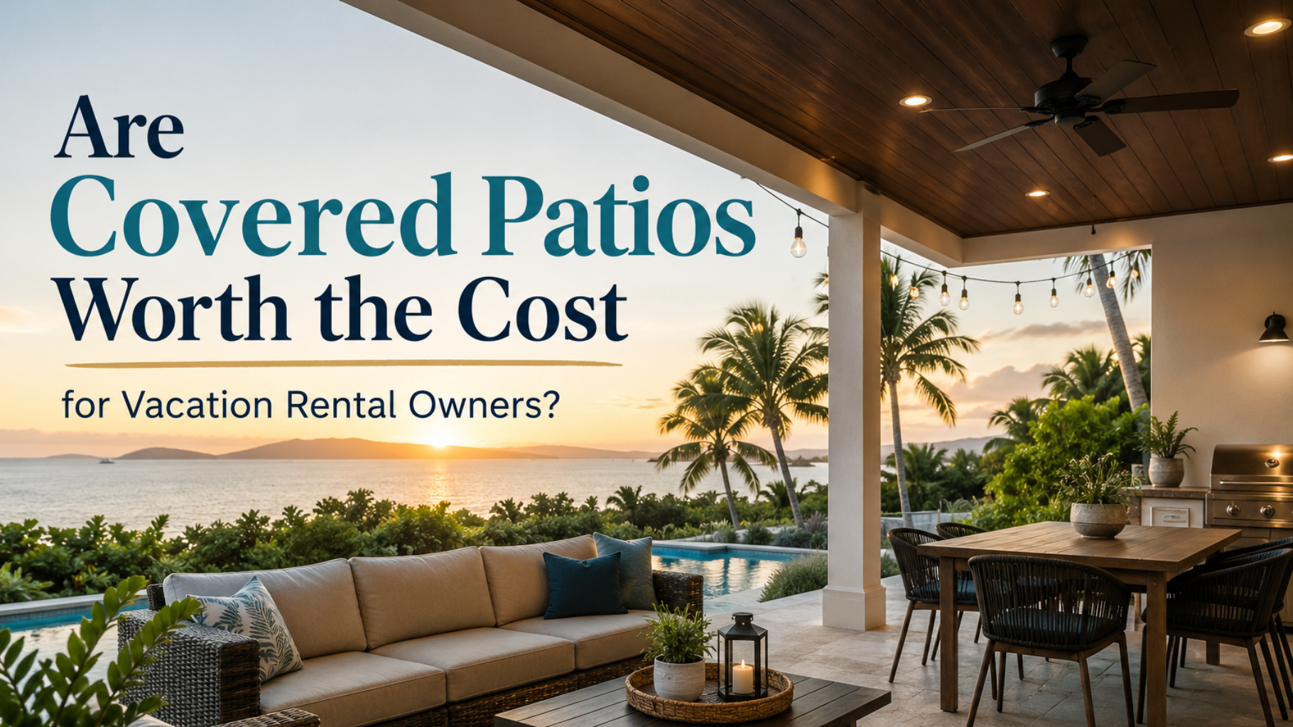 Covered patio with wicker seating and palm trees at sunset; text reads “Are Covered Patios Worth the Cost for Vacation Rental Owners?”