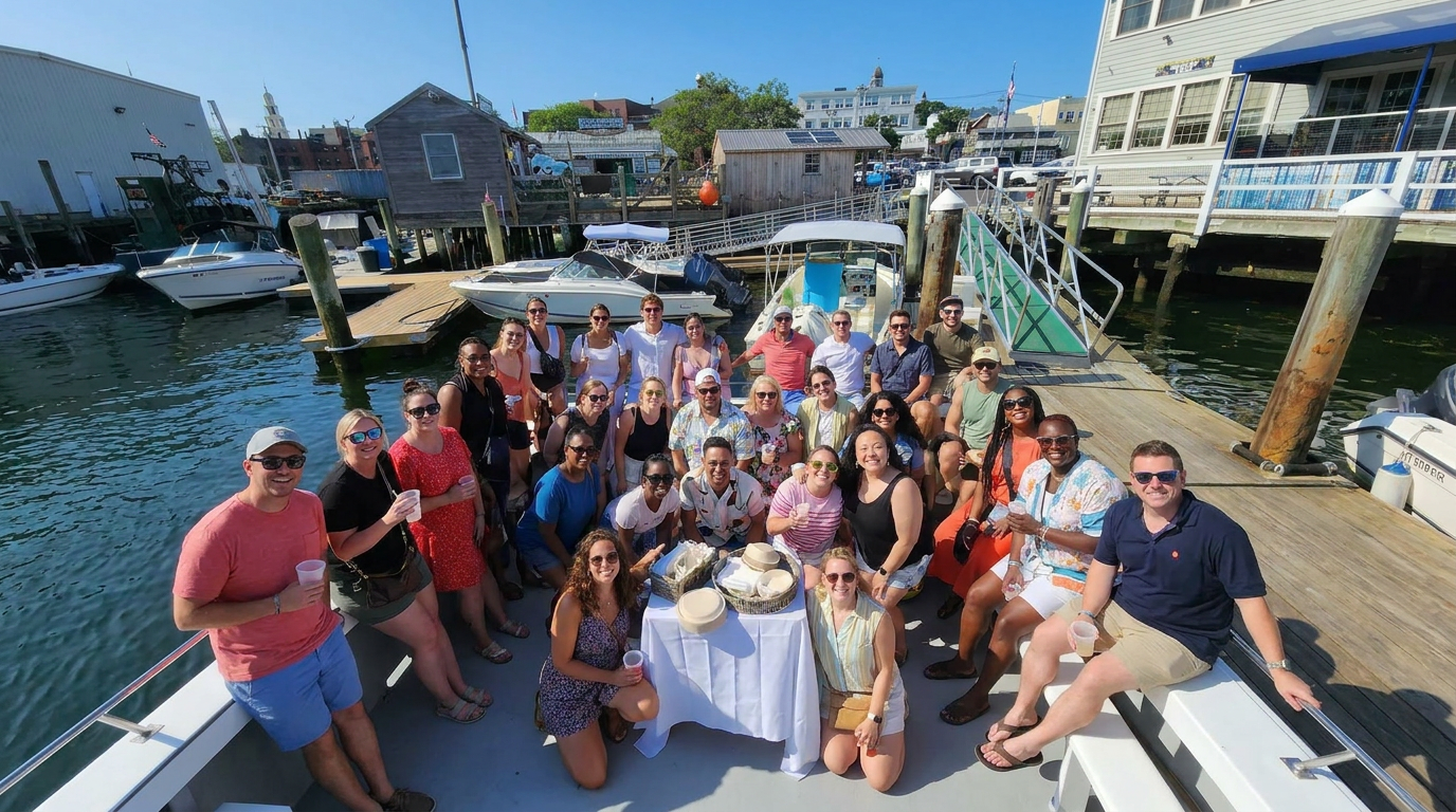 Group of people posing on a boat in a sunny marina, with docks, water, and buildings in the background.