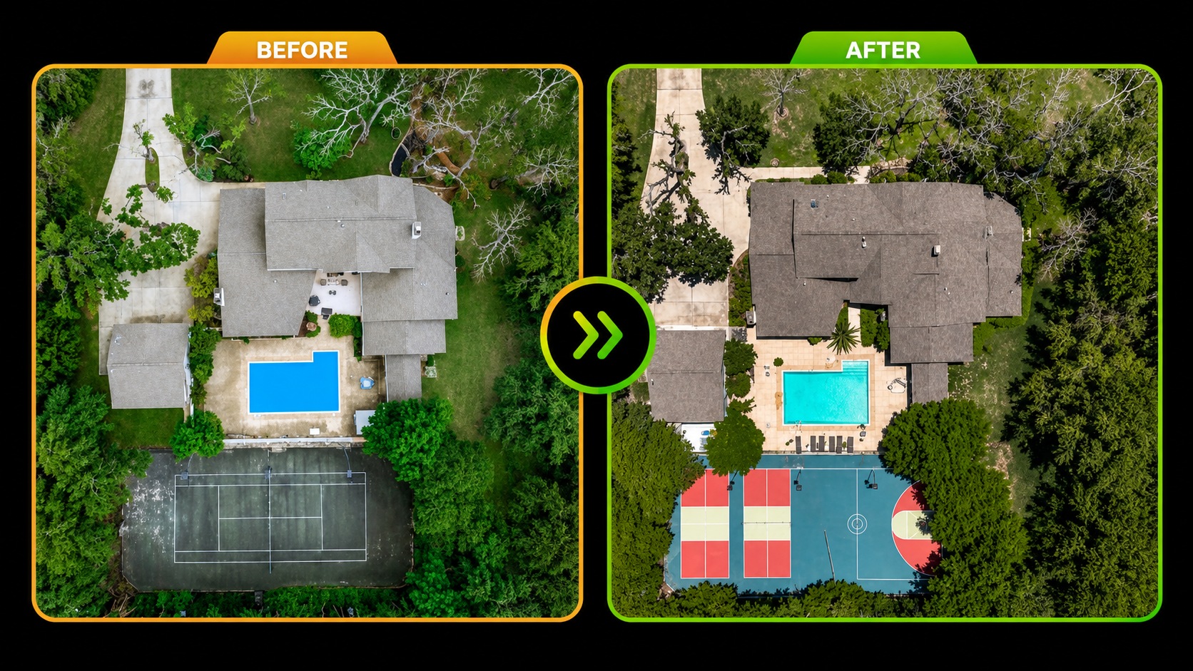 Before-and-after aerial view of a house yard transformed into a colorful play area with turf and a red-and-blue play structure.
