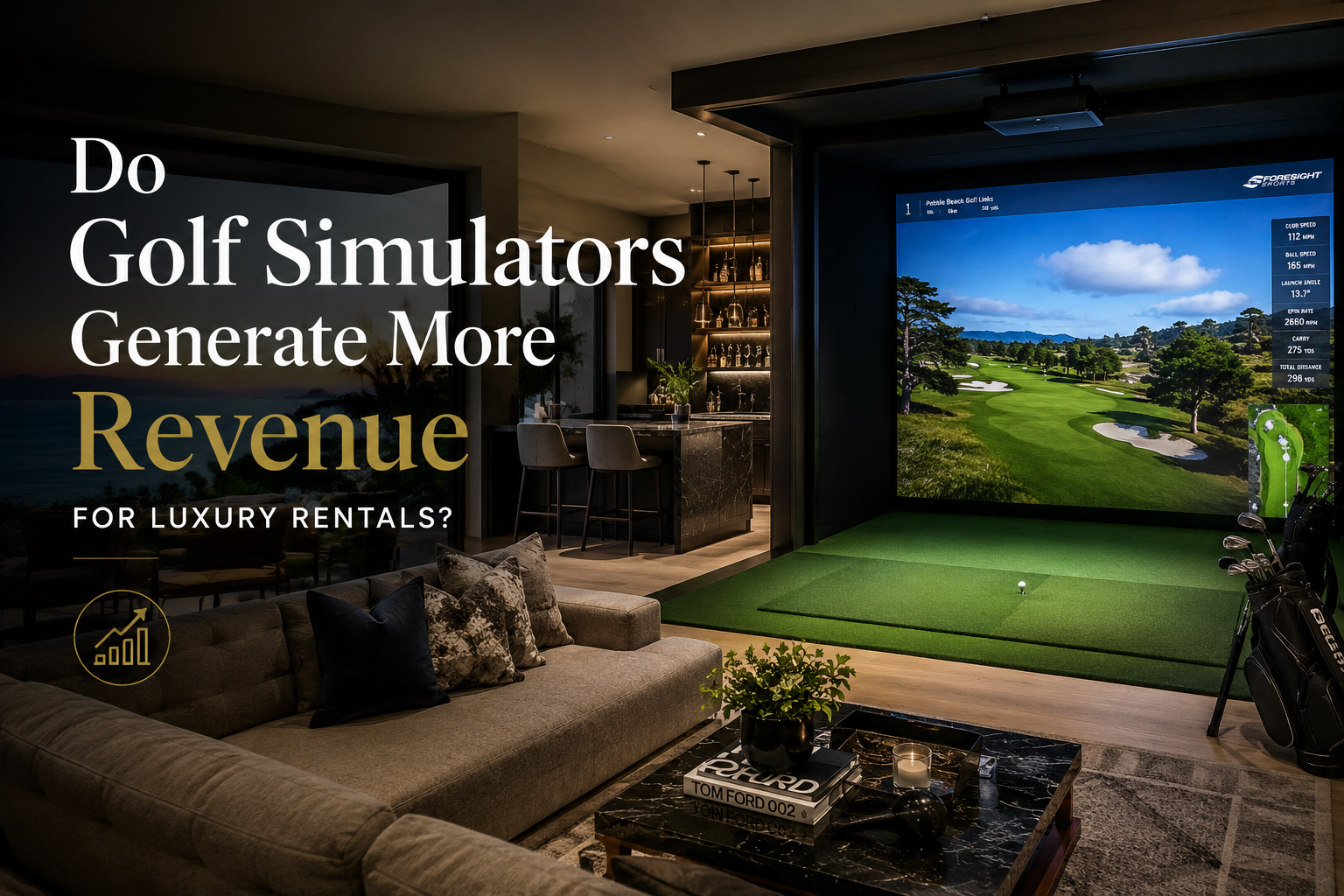 Luxury living room with indoor golf simulator and large screen, overlaid text about golf simulators generating more revenue
