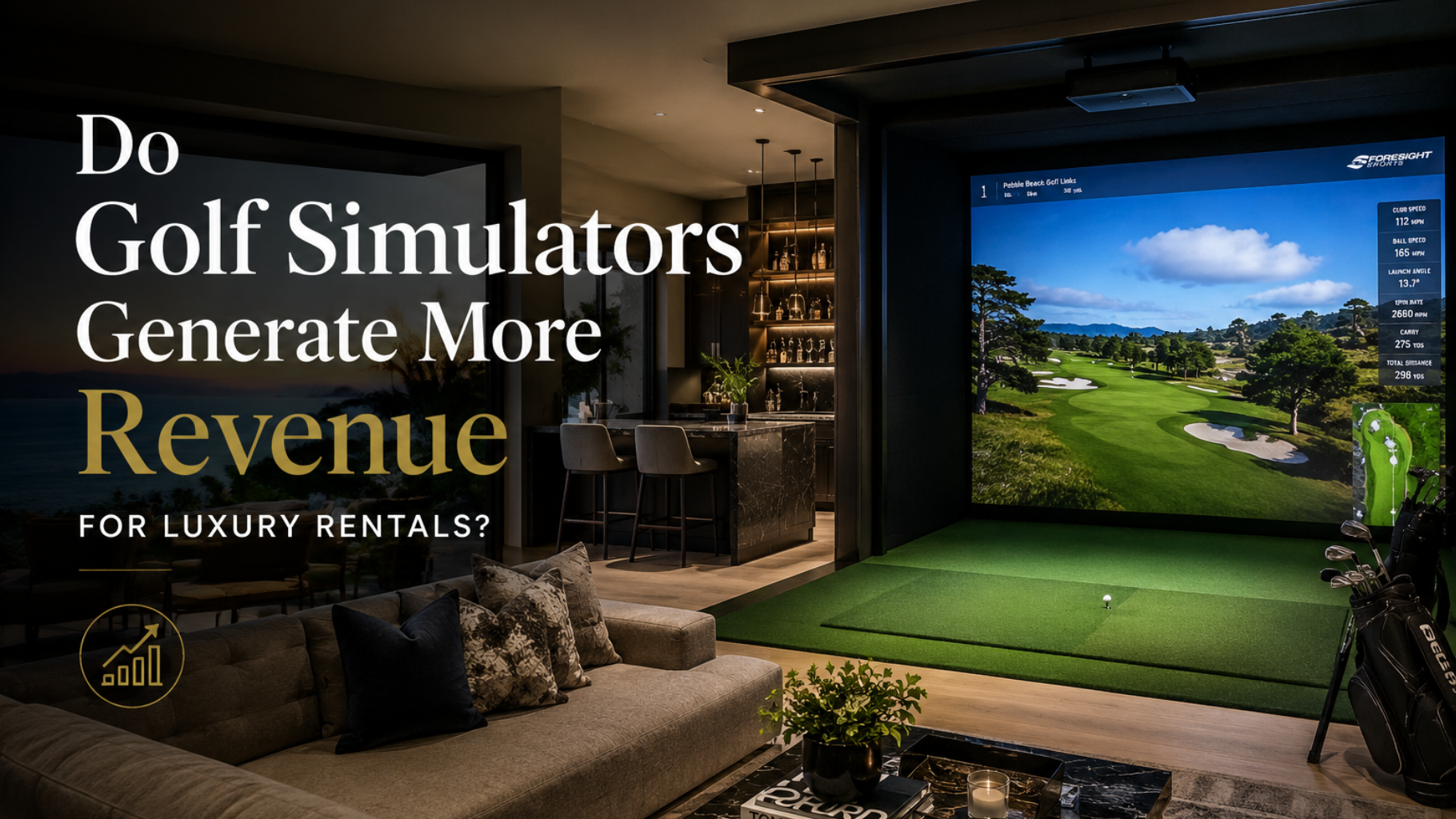 Luxury golf simulator room with bold text: “Do Golf Simulators Generate More Revenue?”
