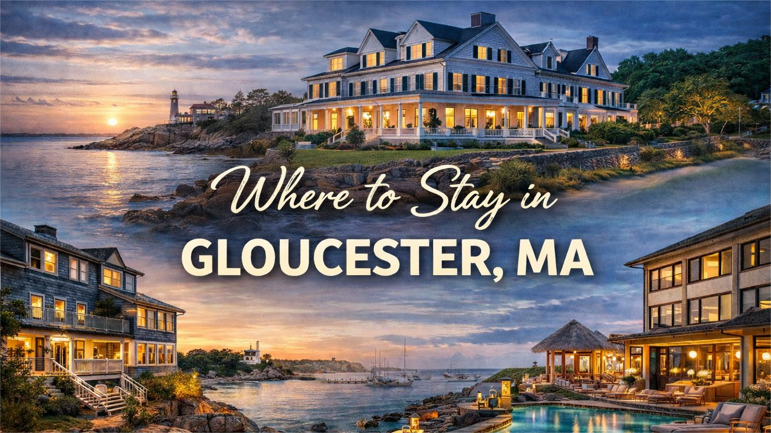 Where to Stay in Gloucester, MA: Scenic coastal hotels and a large house with ocean views at sunset.