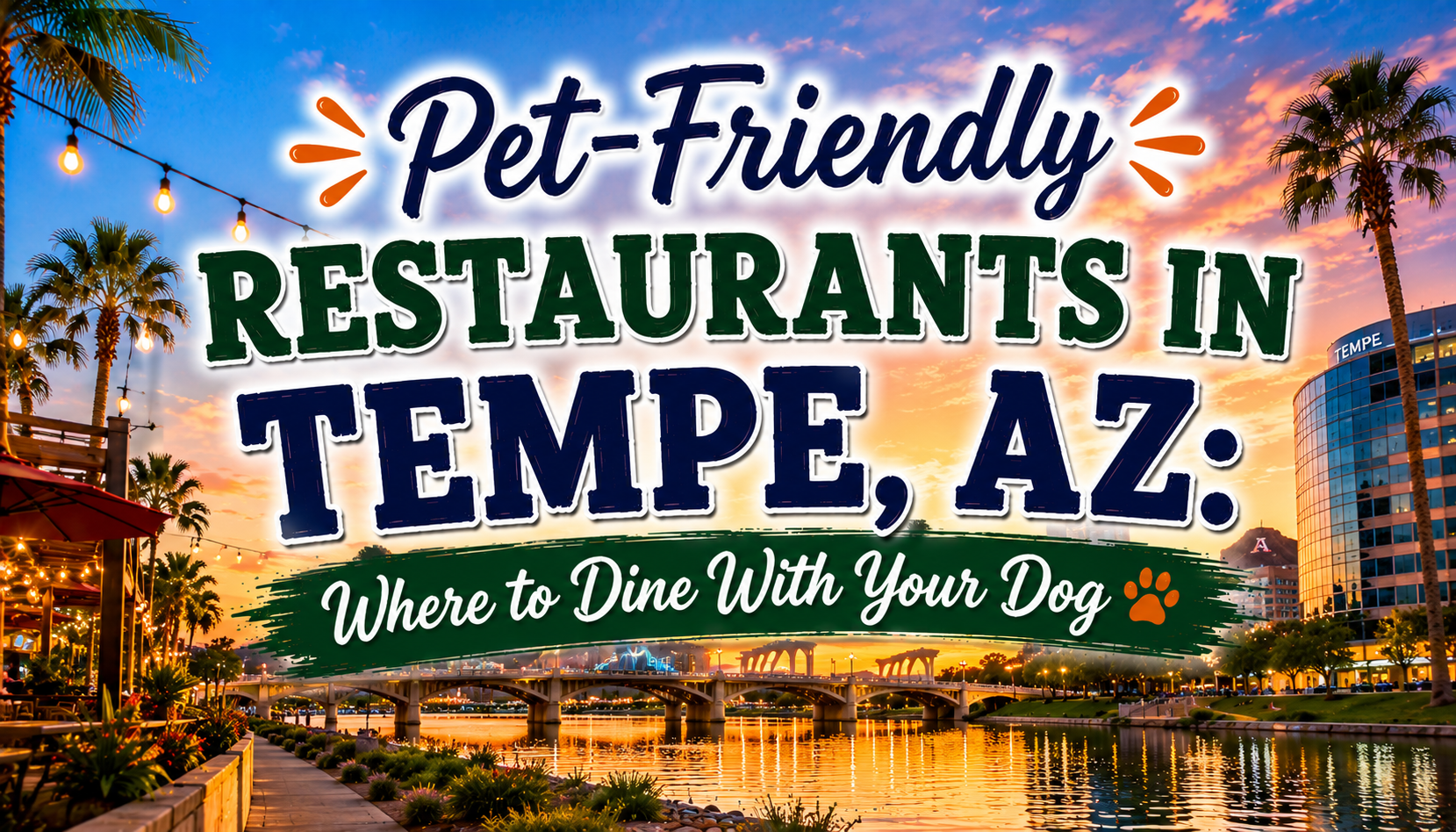 Pet-friendly restaurants in Tempe, AZ with sunset cityscape and a dog at the waterfront