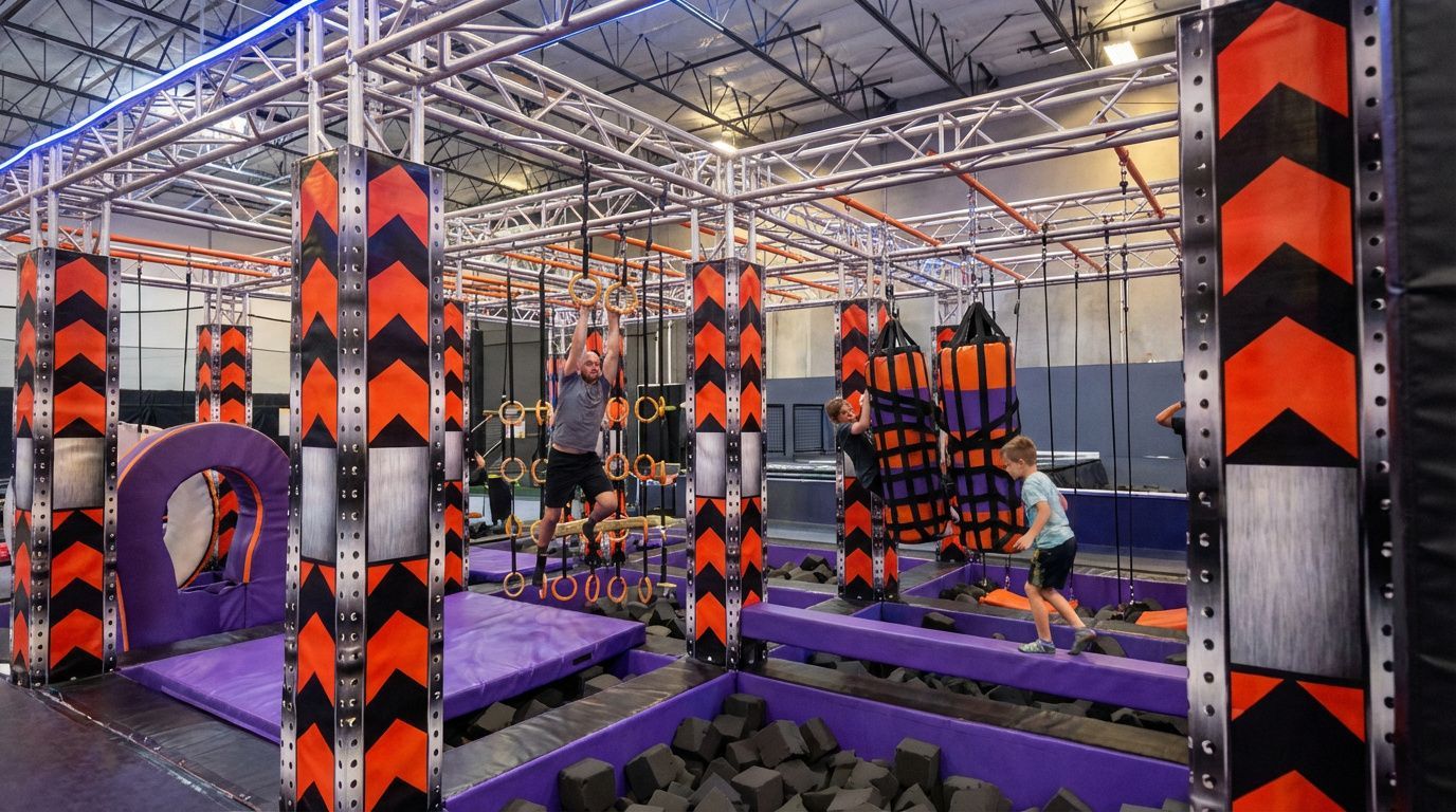 Indoor obstacle course with orange-and-black padded pillars, purple mats, and climbing tunnels under bright lights