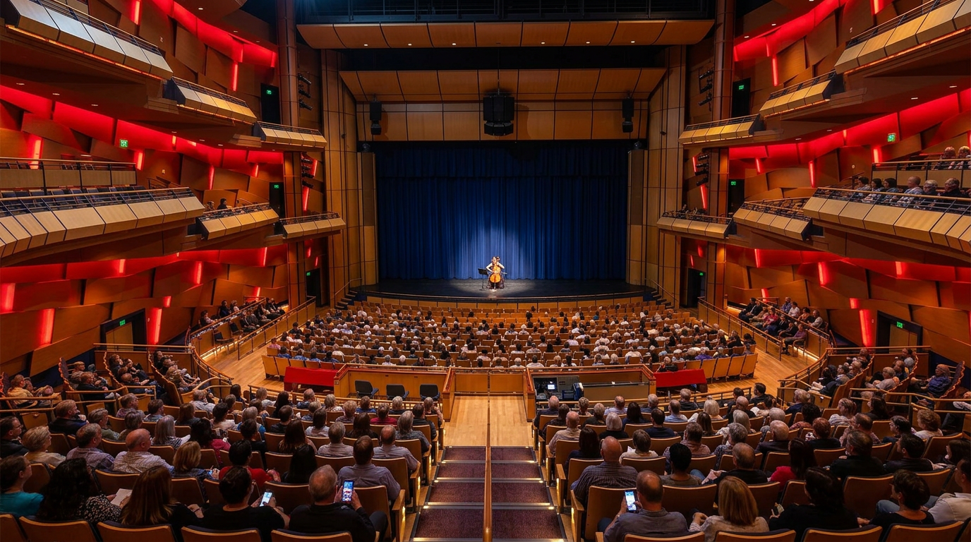 Large concert hall with a seated audience facing a stage framed by blue curtains and warm red lighting.