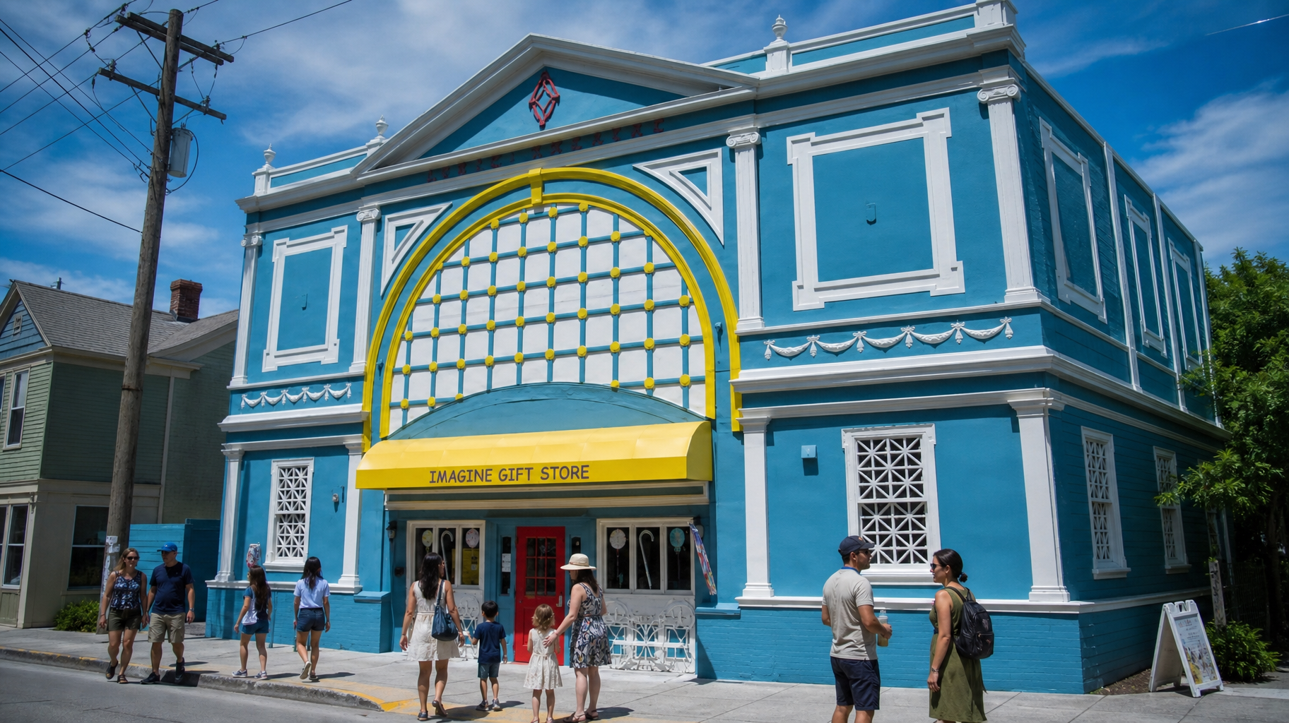 Bright blue building with a yellow arched awning and people gathered outside on a sunny street.