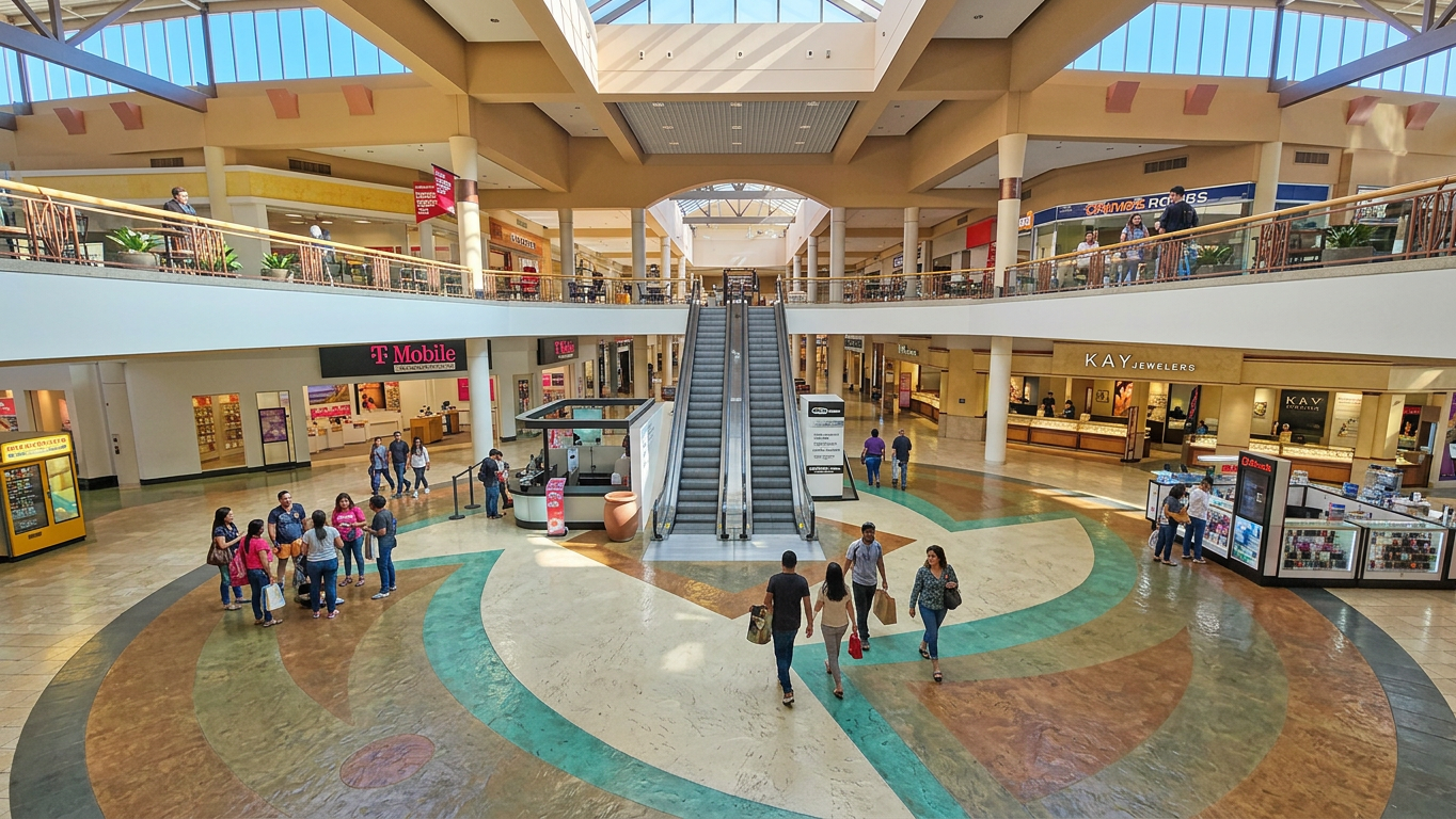 Bright shopping mall atrium with central escalator, colorful floor, and small groups of people walking around