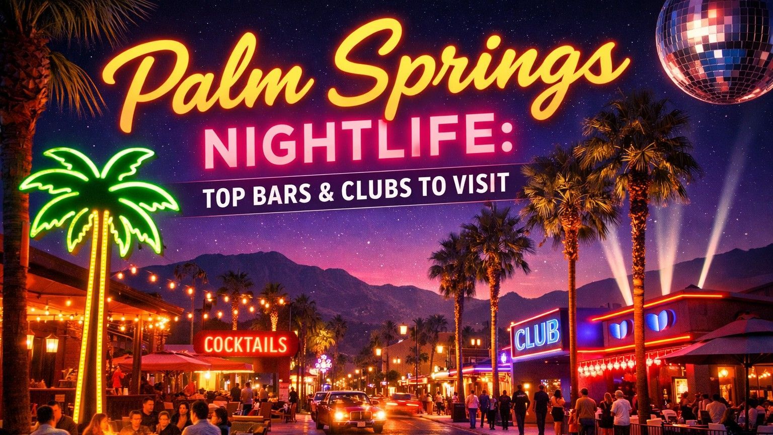 Neon-lit Palm Springs street scene at night featuring palm trees, a disco ball, and a lively outdoor nightlife atmosphere.