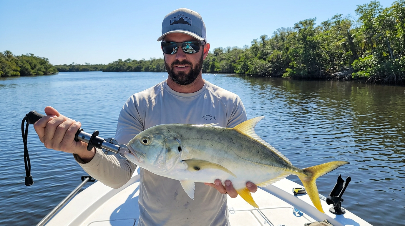 Man holding a large fish on a boat in calm water, wearing a cap and sunglasses, with mangroves behind.