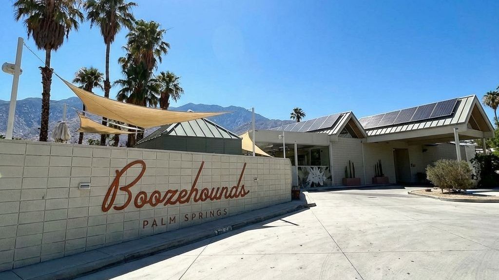 A view of the Boozehounds restaurant sign on a wall, with palm trees and mountains under a clear blue sky.