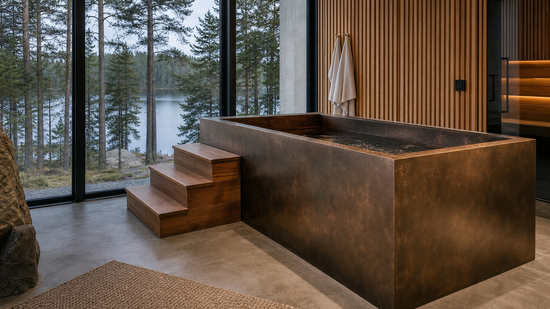 Modern spa room with wood steps, dark stone soaking tub, and floor-to-ceiling windows overlooking a snowy lake