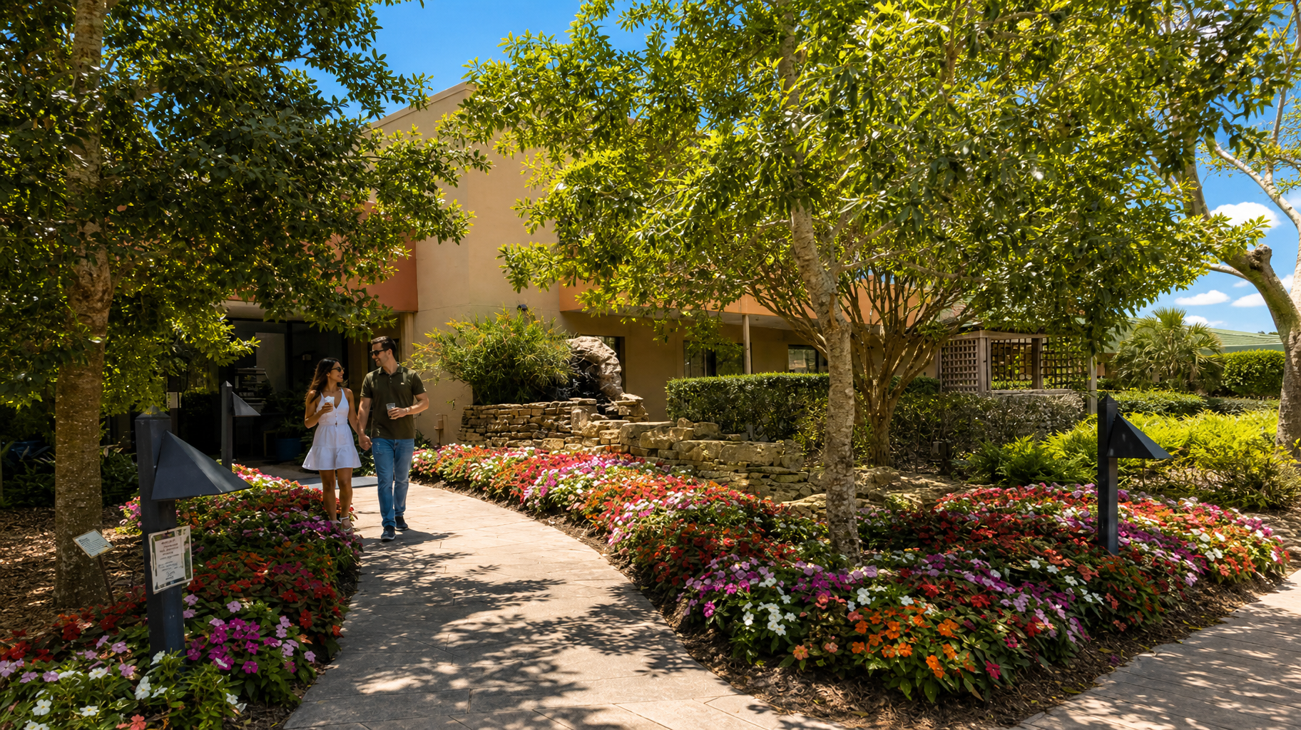 Sunny garden path lined with colorful flowers beside a building, with two people walking under trees