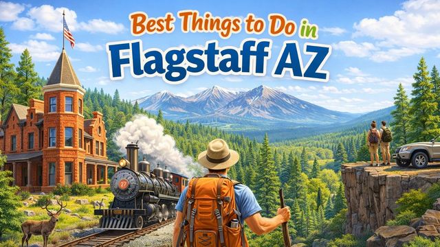 A scenic travel illustration of Flagstaff, AZ, featuring a mountain range, a historic building, a train, and hikers.