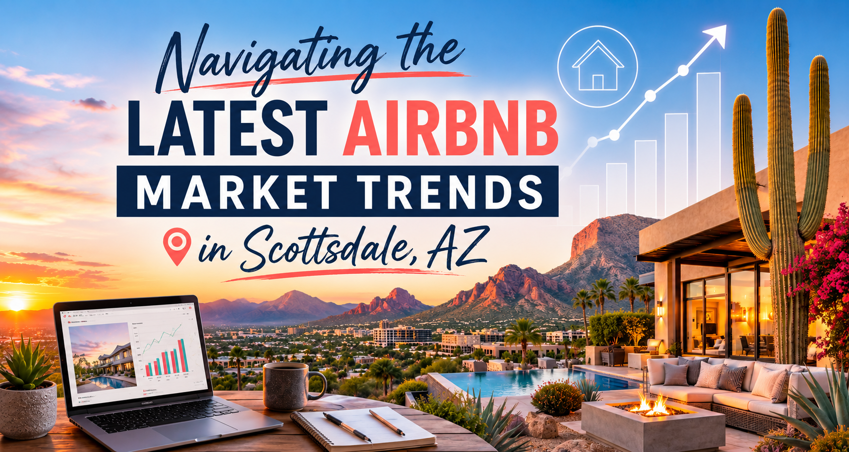 Scottsdale, AZ Airbnb market trends graphic over desert sunset with laptop and modern patio seating