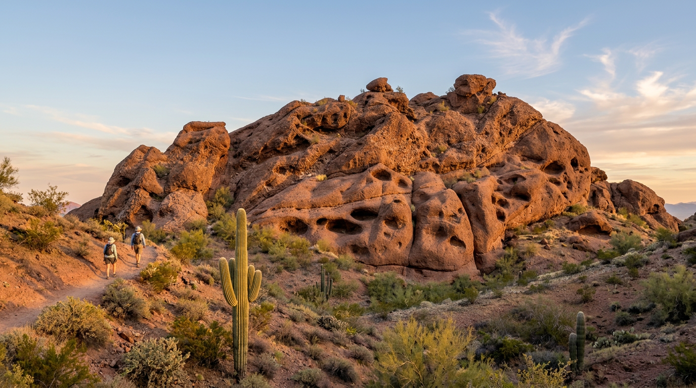 Rocky desert outcrop at sunset with cacti and sparse shrubs