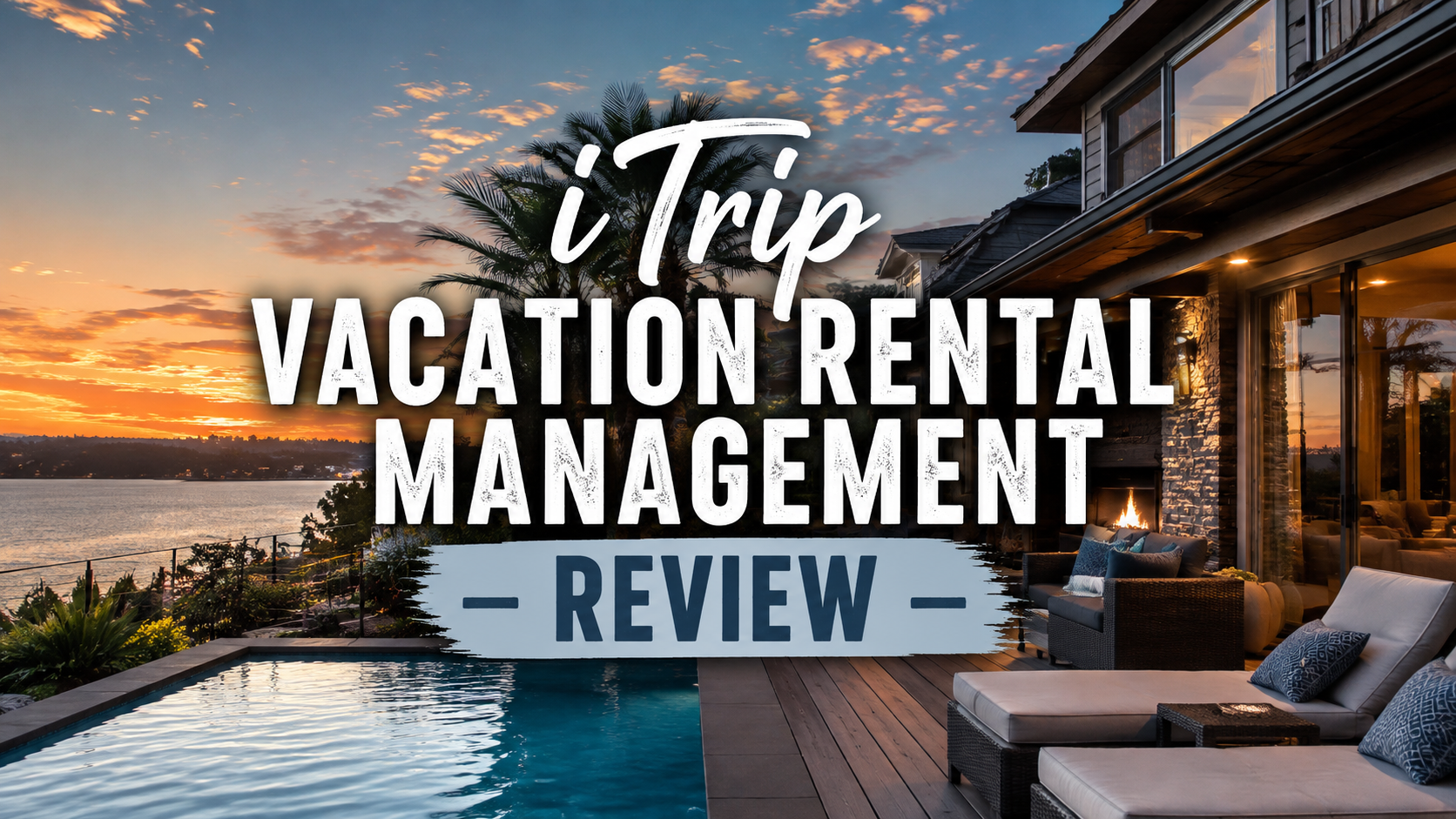 ITrip Vacation Rental Management review over a luxury poolside sunset resort scene