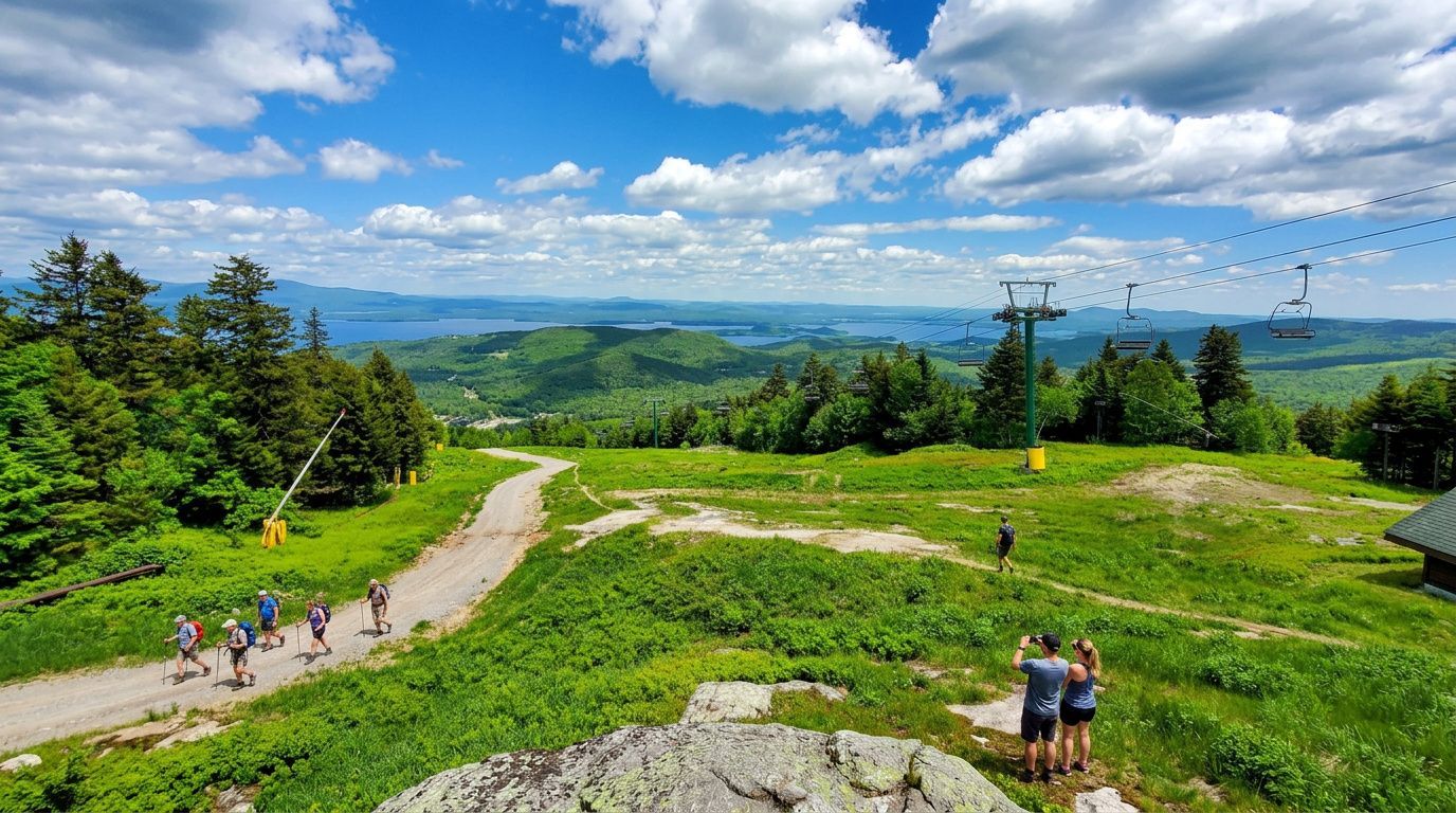 People hiking on a green mountain trail with panoramic valley and blue sky views