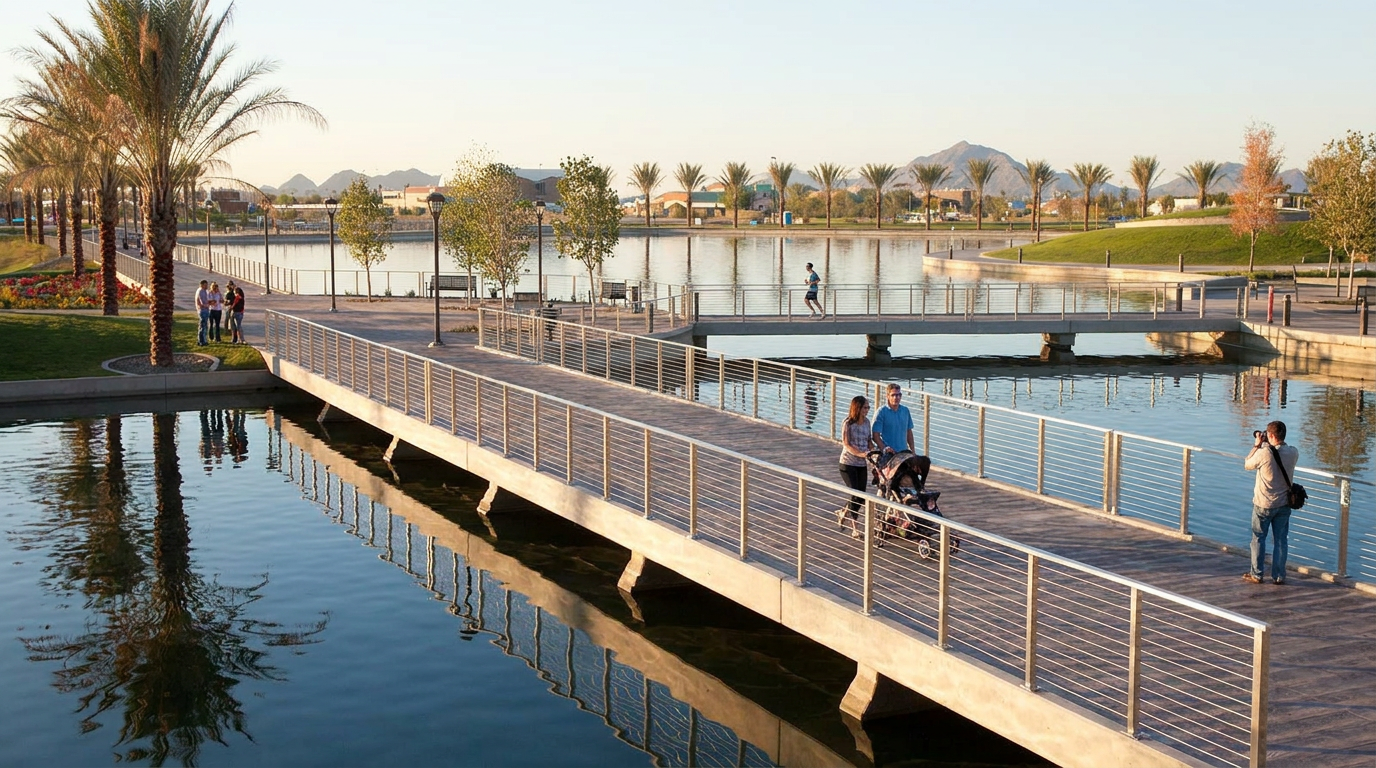 Pedestrian bridge over a calm canal at sunset, with people walking and sitting near the water