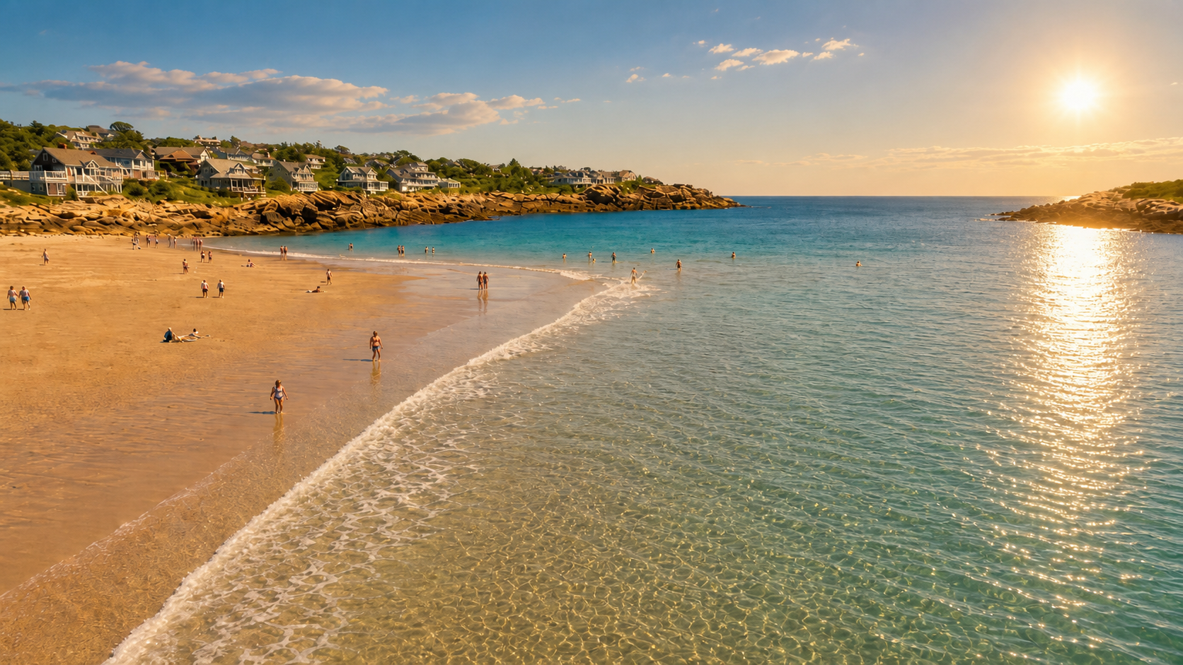 Sunny beach cove with calm waves, scattered beachgoers, and a golden sunset over the water