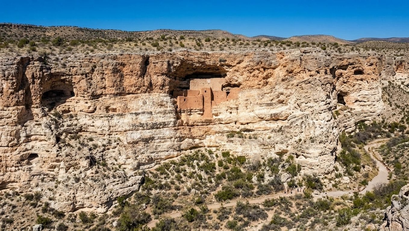 Montezuma Castle National Monument, a multistory cliff dwelling built into a limestone cliff face under a blue sky.