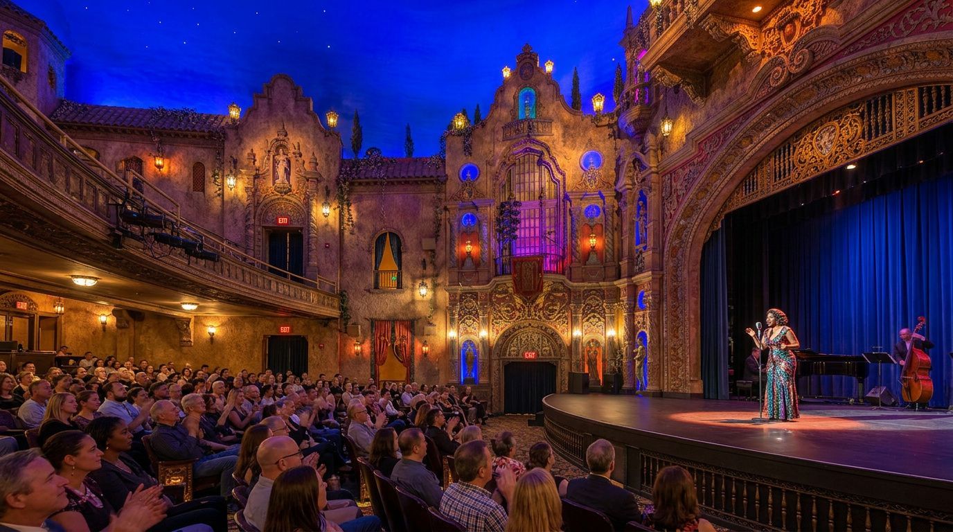 A crowded ornate theater with golden lights, blue stage curtains, and performers on stage.