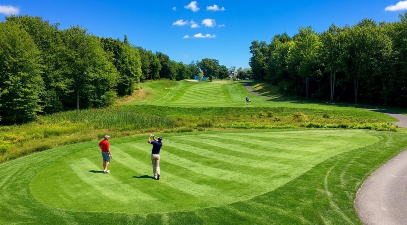 Two golfers on a bright green fairway beside a sand bunker under a sunny blue sky