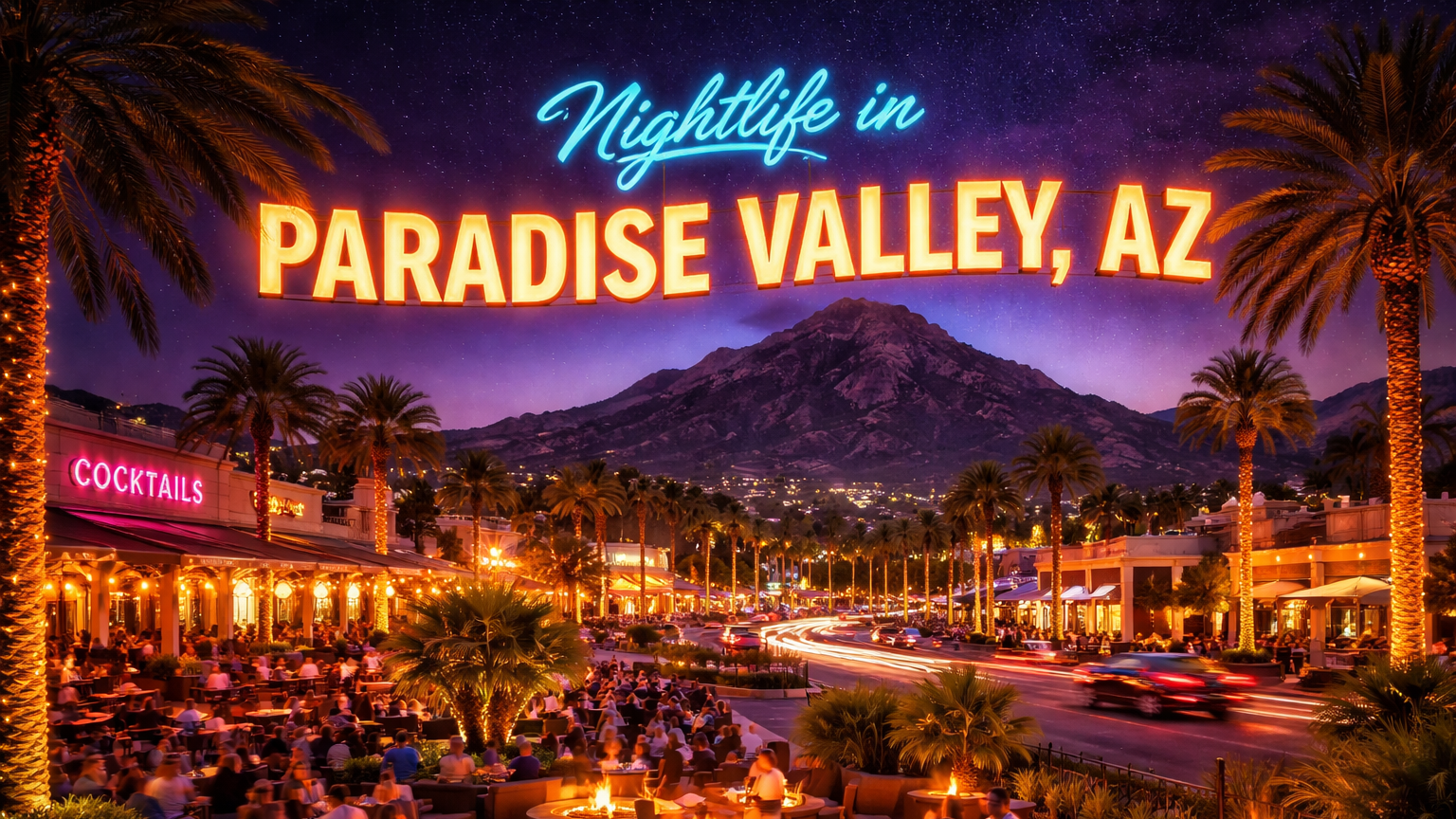 Nightlife in Paradise Valley, AZ. Illuminated street scene, palm trees, mountain backdrop, neon sign.