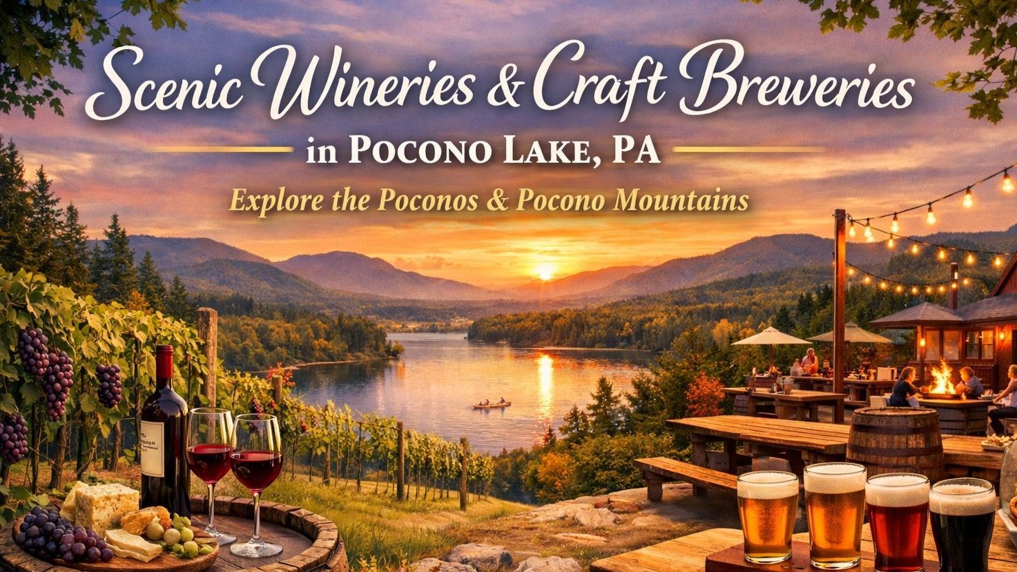 A sunset landscape of Pocono Lake, PA, featuring wine and beer on tables, with text promoting scenic local drink venues.