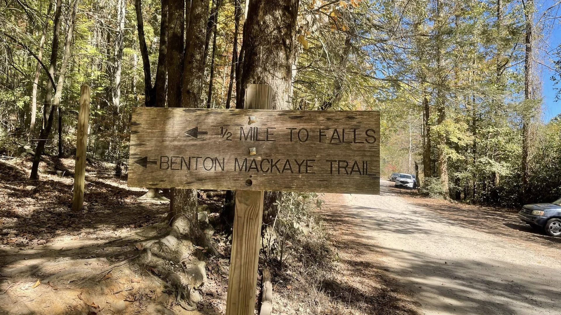 A wooden trail sign points left toward the Benton MacKaye Trail, surrounded by trees and a dirt road in a forest.