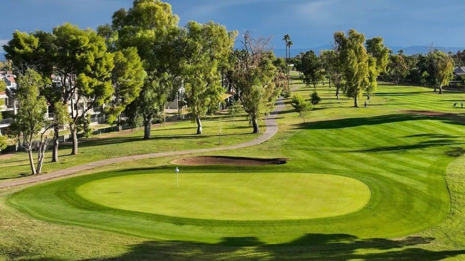 Golf course green with flag, surrounded by grass, trees, and path. Sunny day, golf course setting.