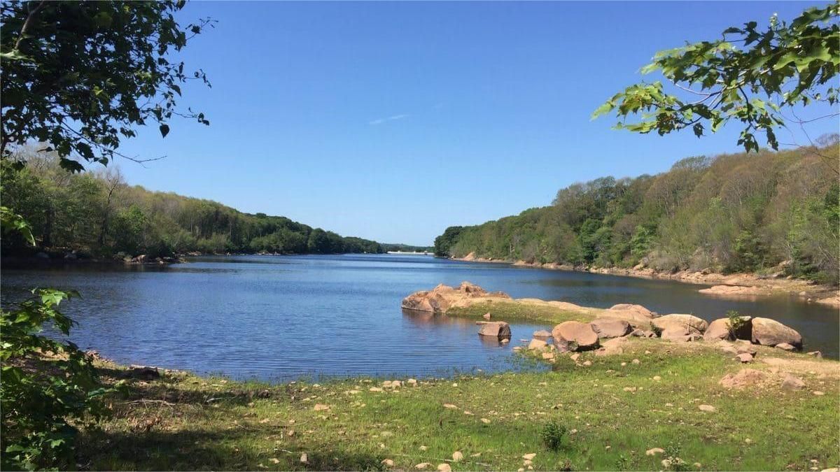 Tranquil river scene with blue water, surrounded by green trees under a bright blue sky.