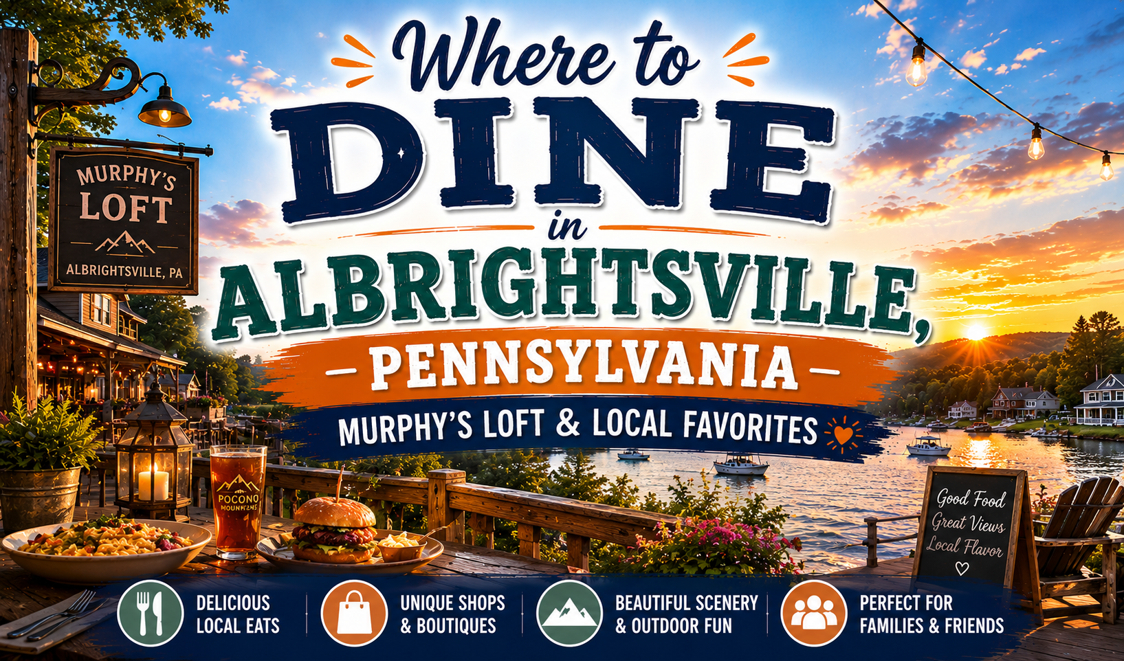 “Where to Dine in Albrightsville, Pennsylvania” poster with sunset sky, rustic diner, and restaurant icons