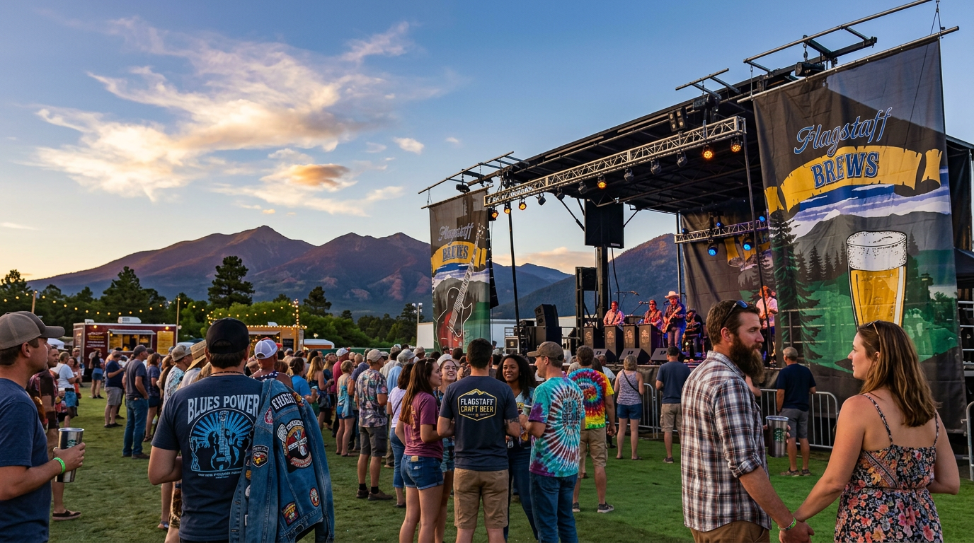 Outdoor concert crowd facing a stage at sunset with mountains in the background.