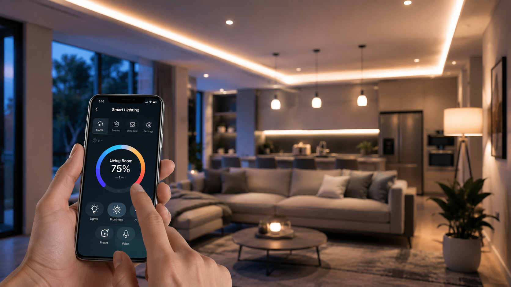 Hand holding a smartphone controlling a lit modern living room with a sofa and pendant lights at dusk