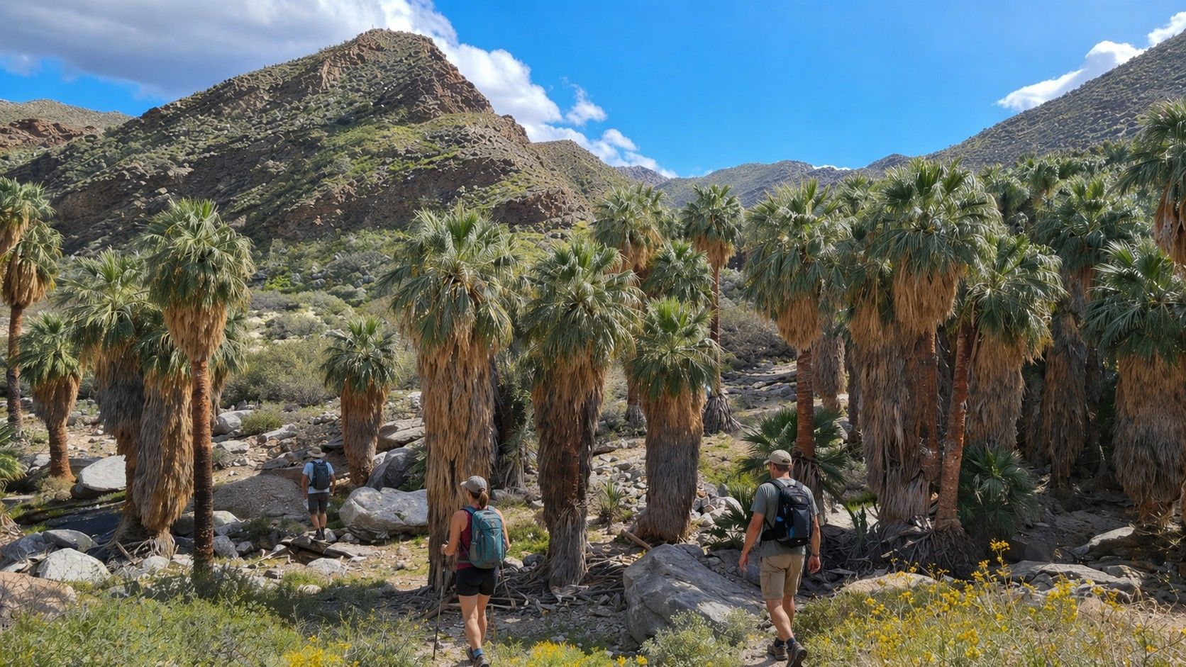 Hikers walking among palm trees in a rocky desert canyon with mountains under a blue sky