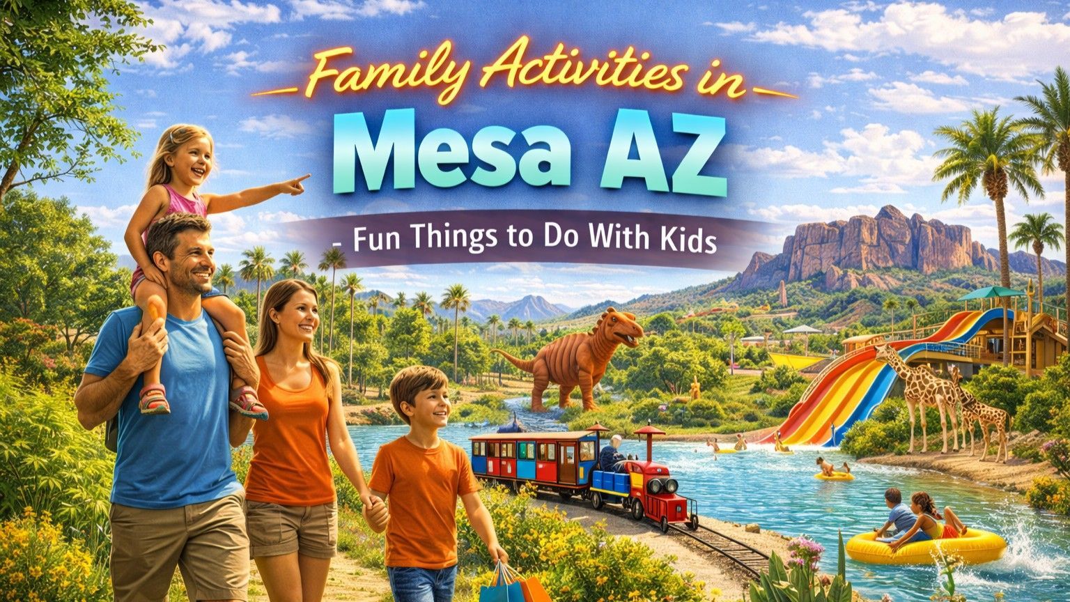 Family enjoying Mesa, Arizona with water park, train, and dinosaur in scenic landscape.