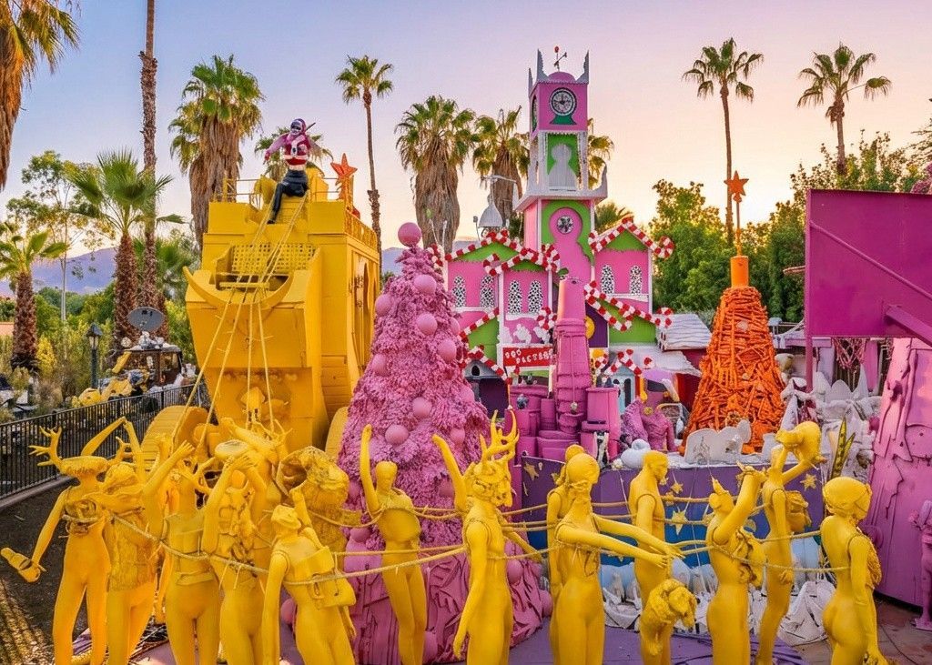 Performers in bright yellow body paint and costumes dance in front of an ornate, colorful castle and a yellow carriage.