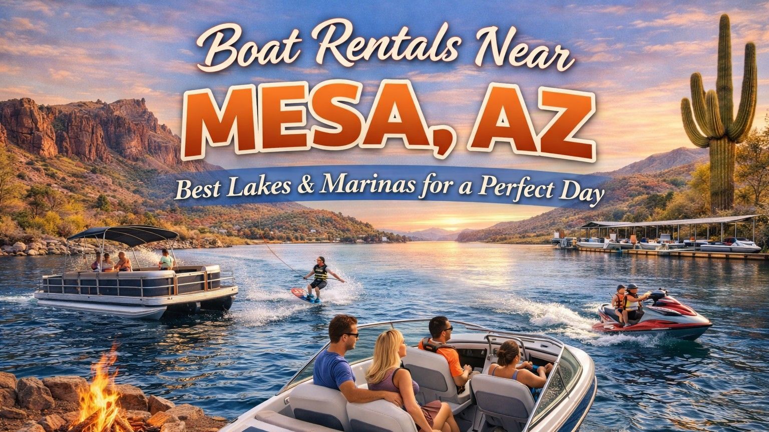 Boat rentals near Mesa, AZ: People boating on a lake with mountains, a cactus, and the sun setting.