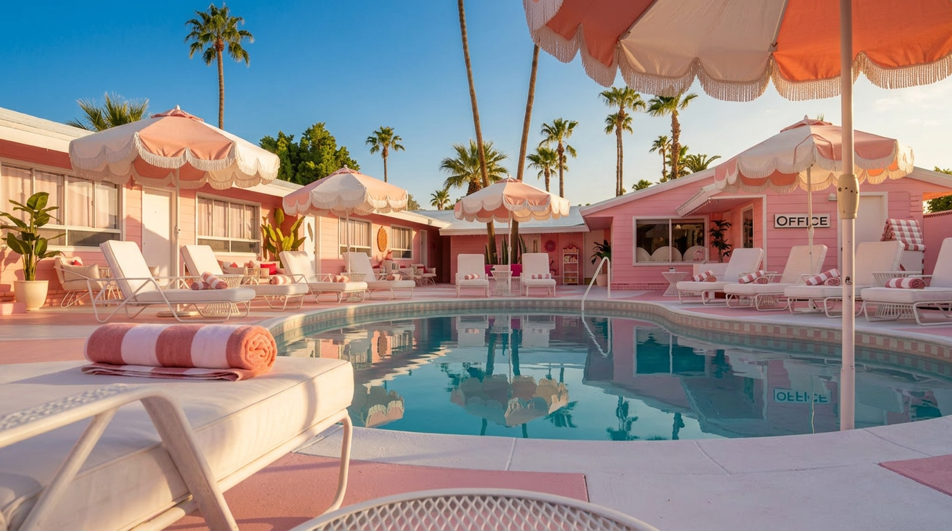 Pink resort pool with white loungers, umbrellas, and palm trees under a sunny sky