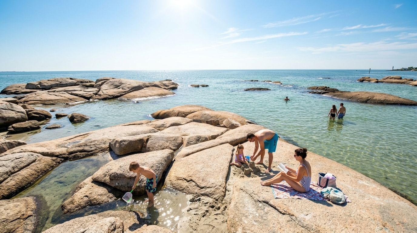 People relaxing on sunlit rocky beach beside clear blue sea and shallow tide pools