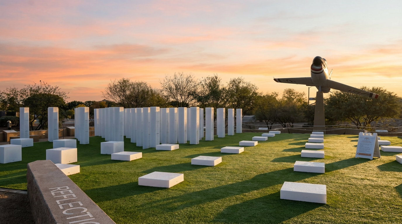 Sunset at a military cemetery with rows of white gravestones and a silhouetted bugler statue.