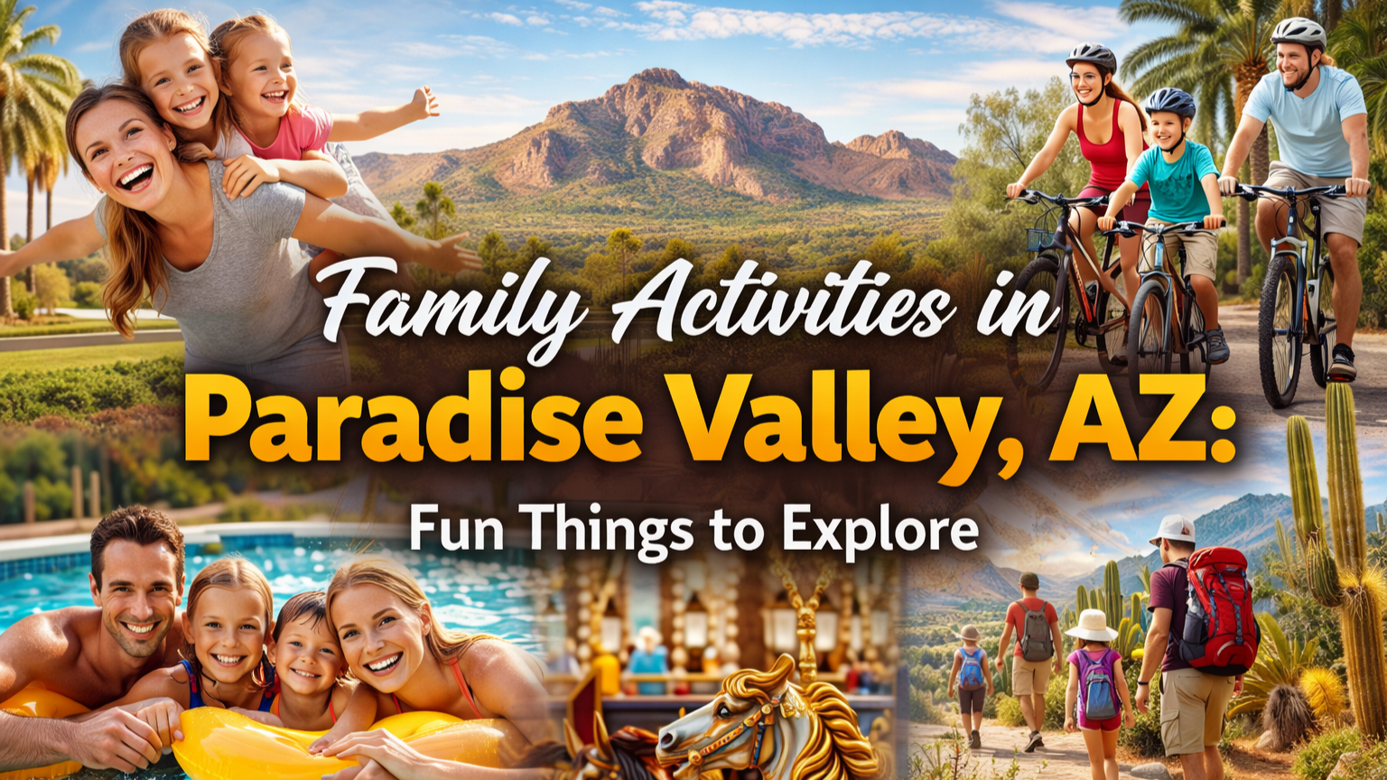 Families enjoying activities in Paradise Valley, Arizona: biking, swimming, hiking, and exploring.