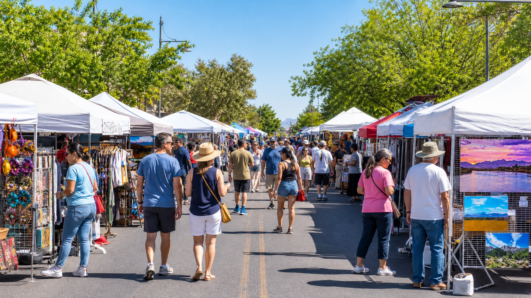Outdoor market with white tents, shoppers, and colorful vendor stalls on a sunny day