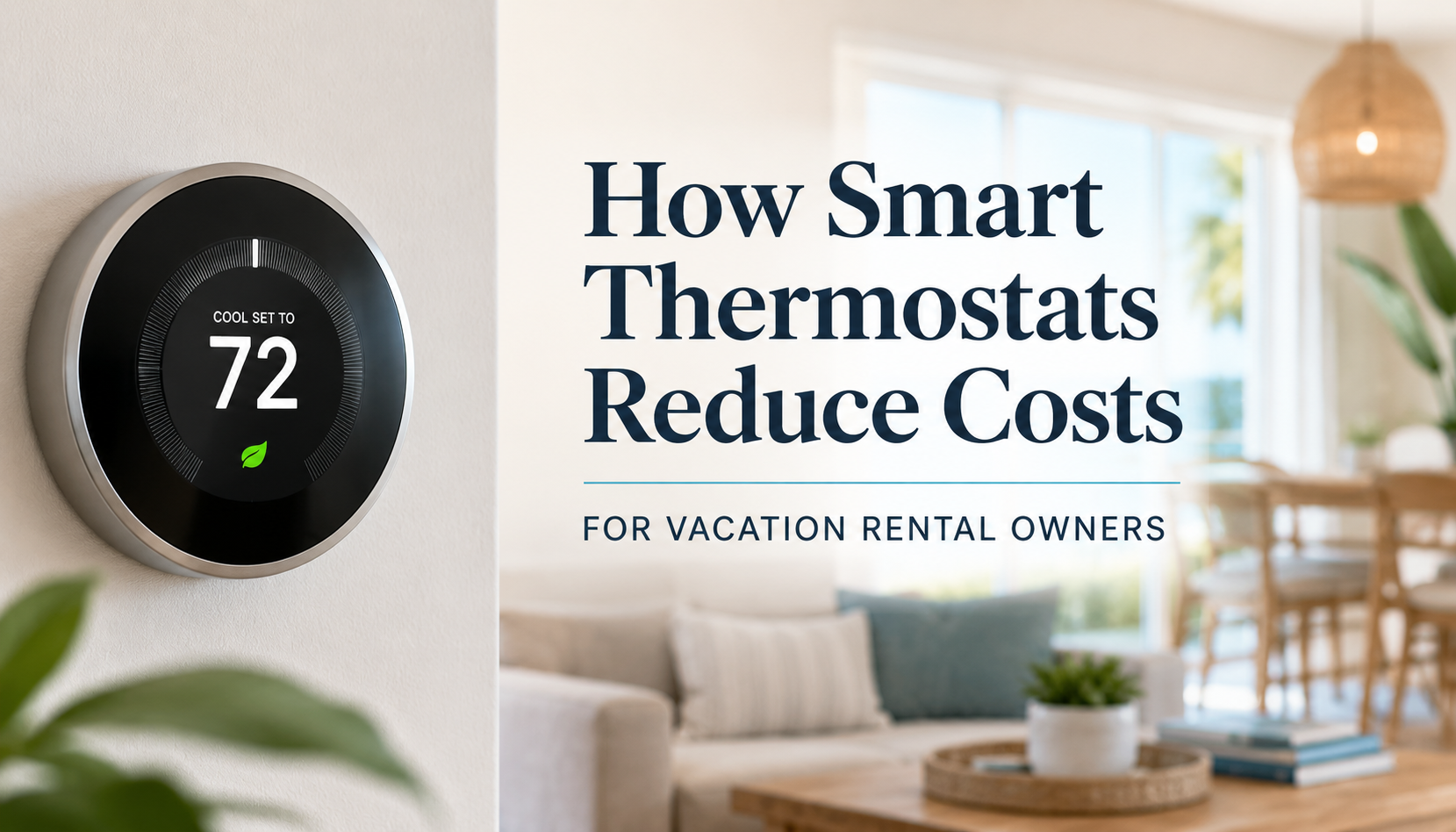 Smart thermostat at 72°F in a bright living room with text: “How Smart Thermostats Reduce Costs”