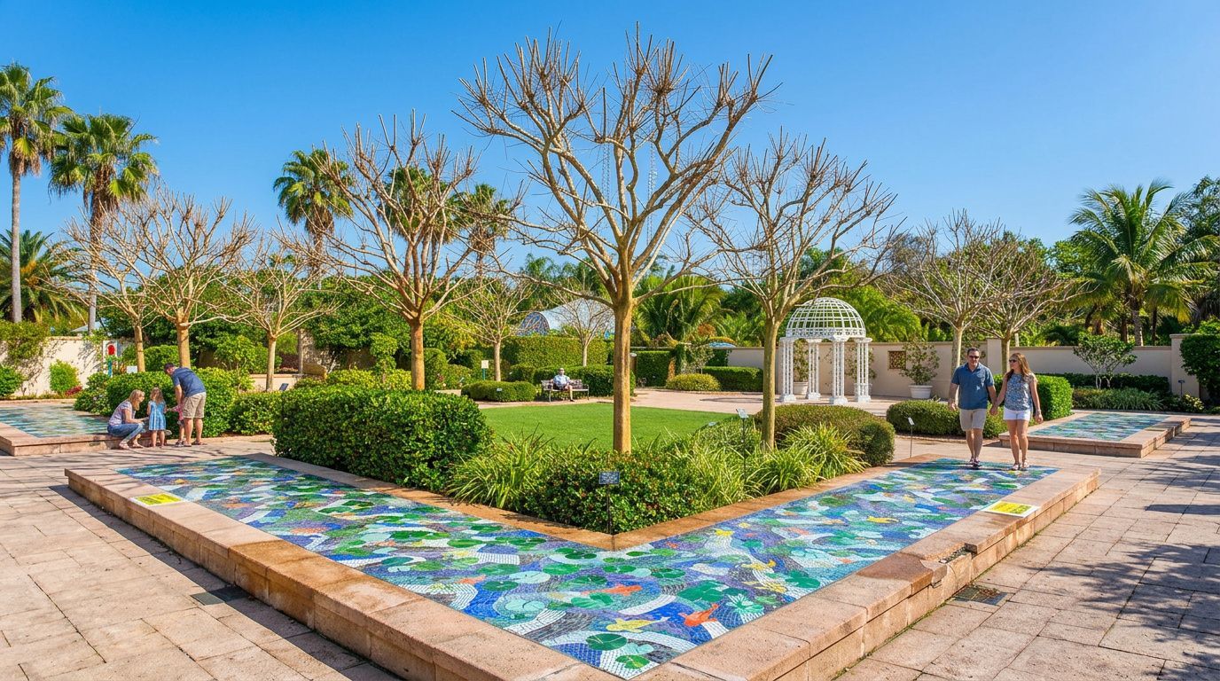 Sunny garden plaza with colorful mosaic path, hedges, palm trees, and a white gazebo.