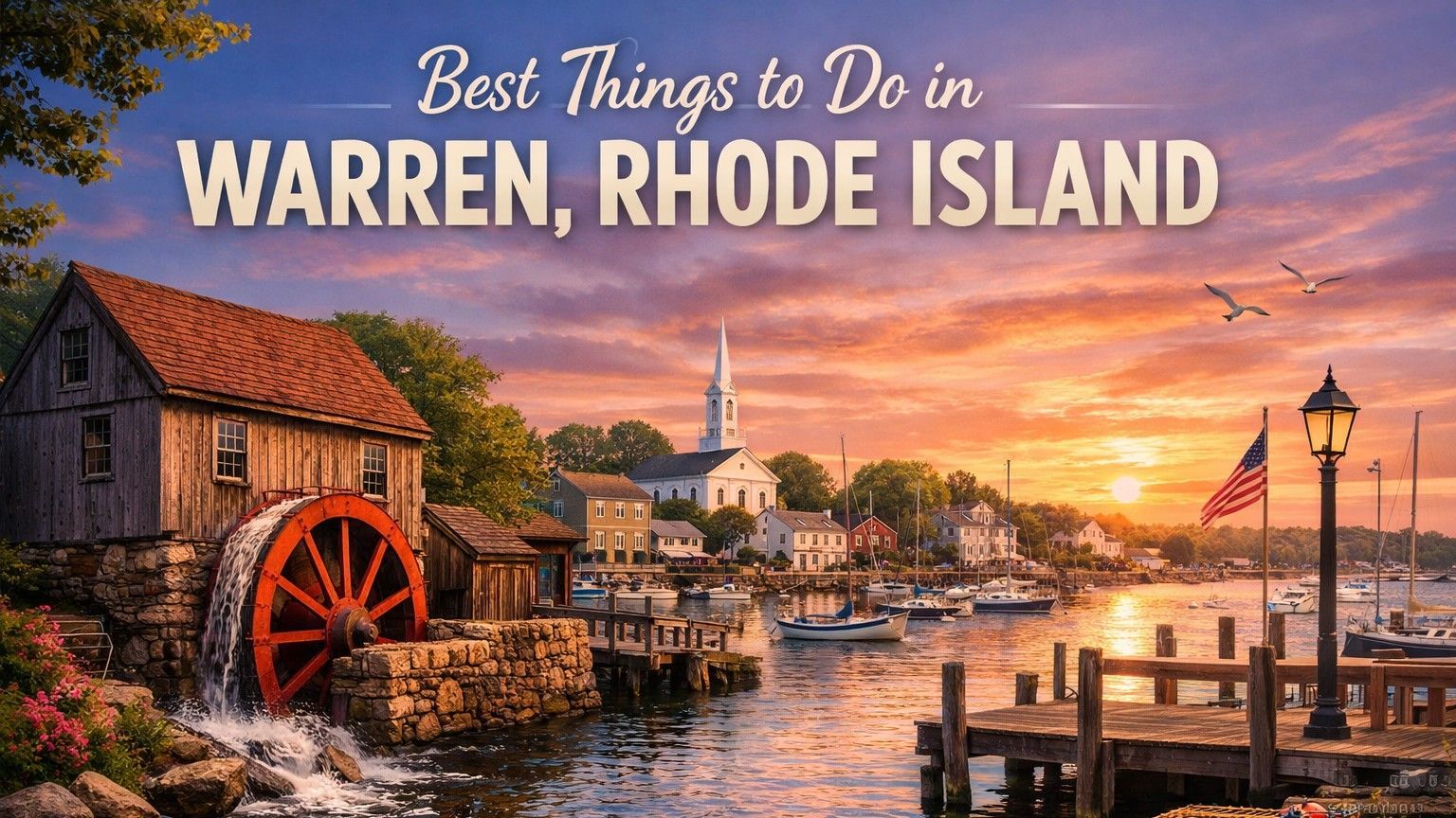 Warren, Rhode Island waterfront scene with a watermill, church, boats, and sunset sky.