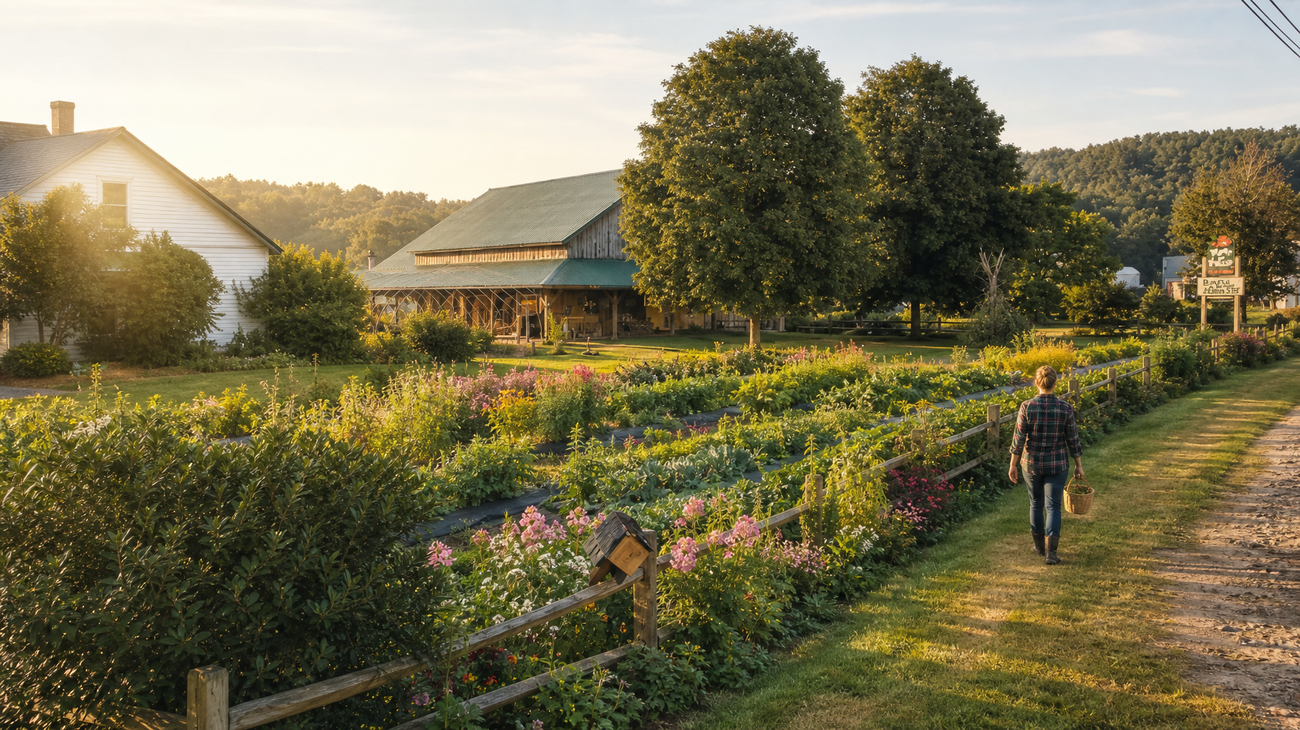 Sunlit garden path beside flower beds and houses, with a person walking away in the distance.