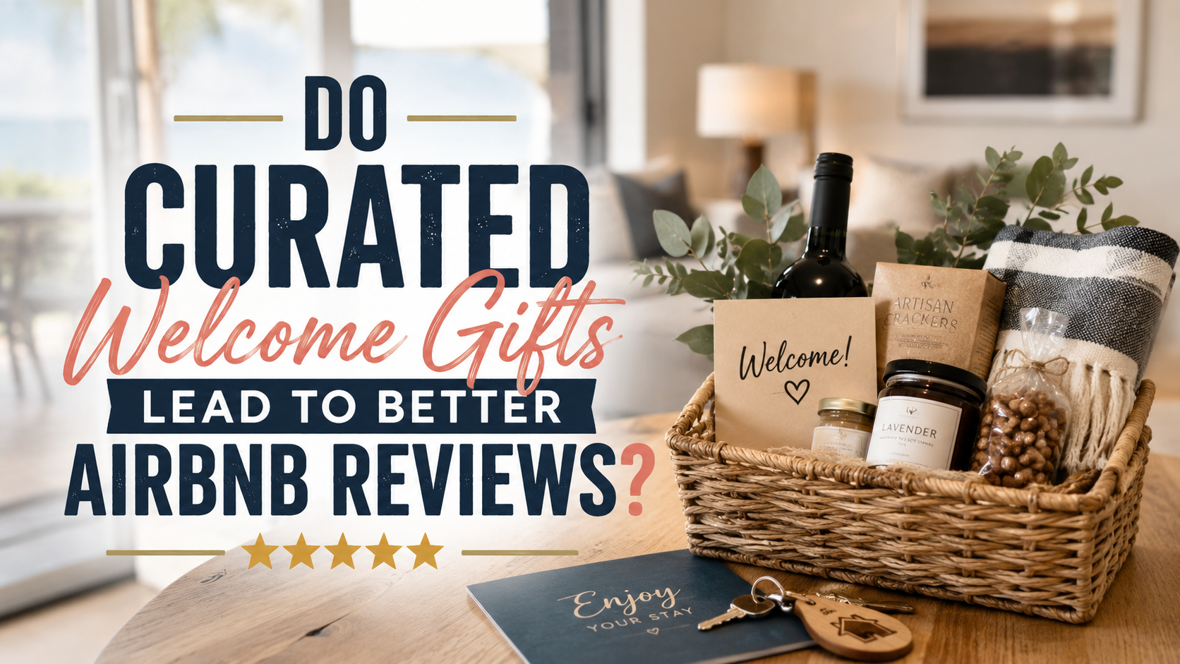 Curated welcome gifts with basket, bottles, and text promoting better Airbnb reviews
